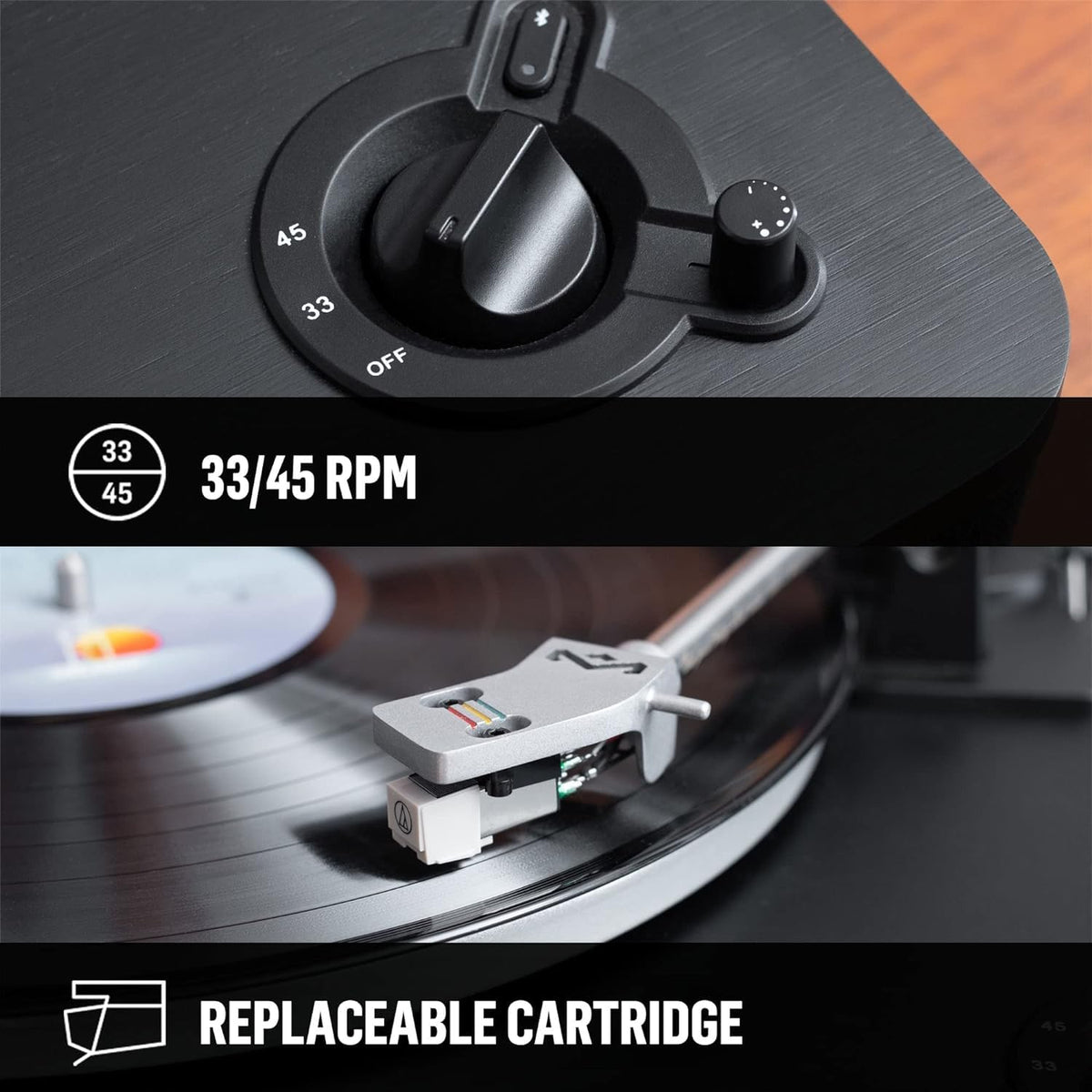 Rewind fabric panel on Marley Stir It Up turntable showcasing reclaimed materials.