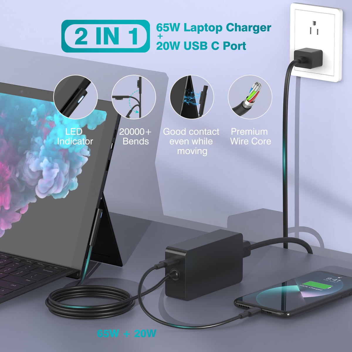 MARSDOCK long 10ft cable stretched across a couch for flexible charging around the room