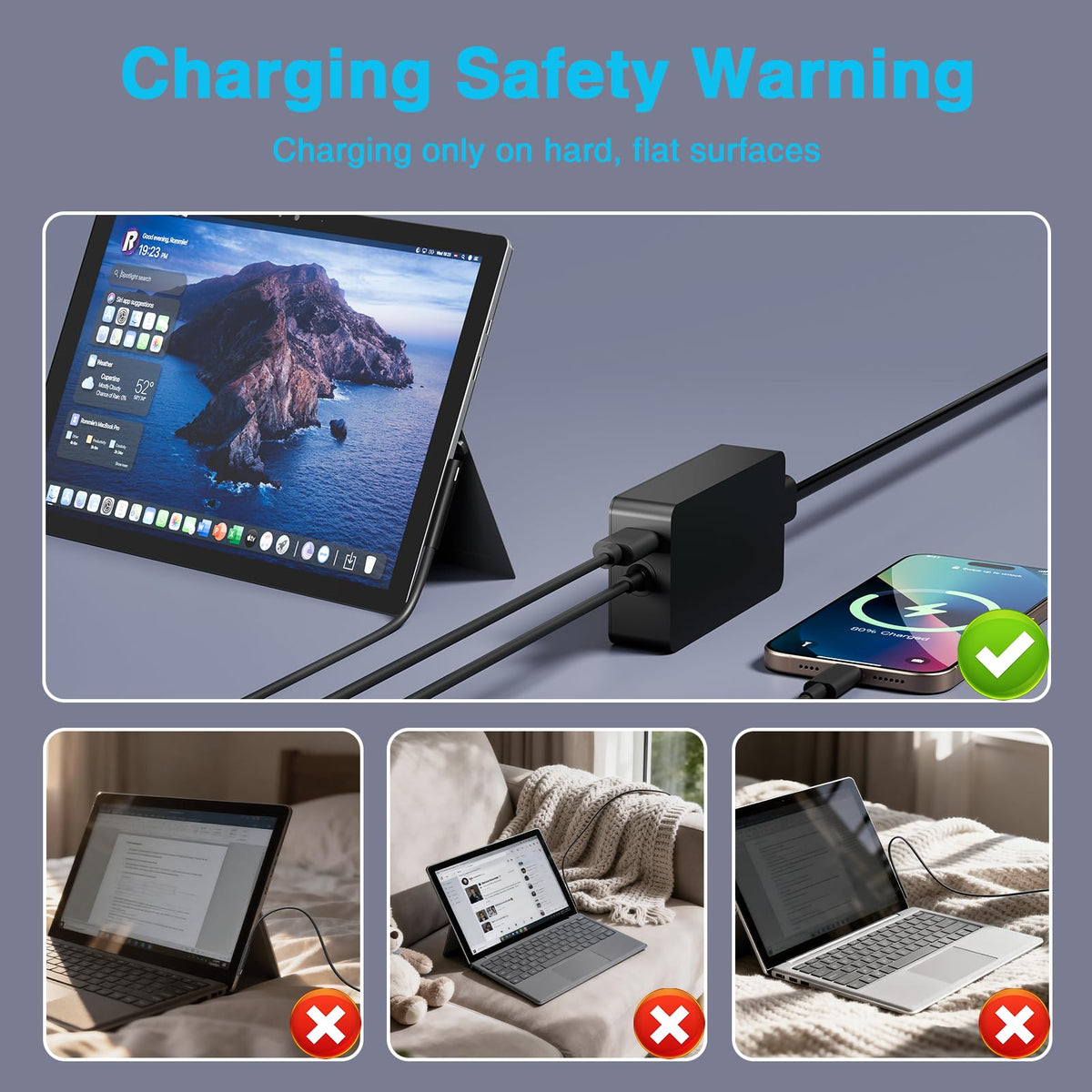 MARSDOCK adapter plugged into a Surface Book in use demonstrating dependable power