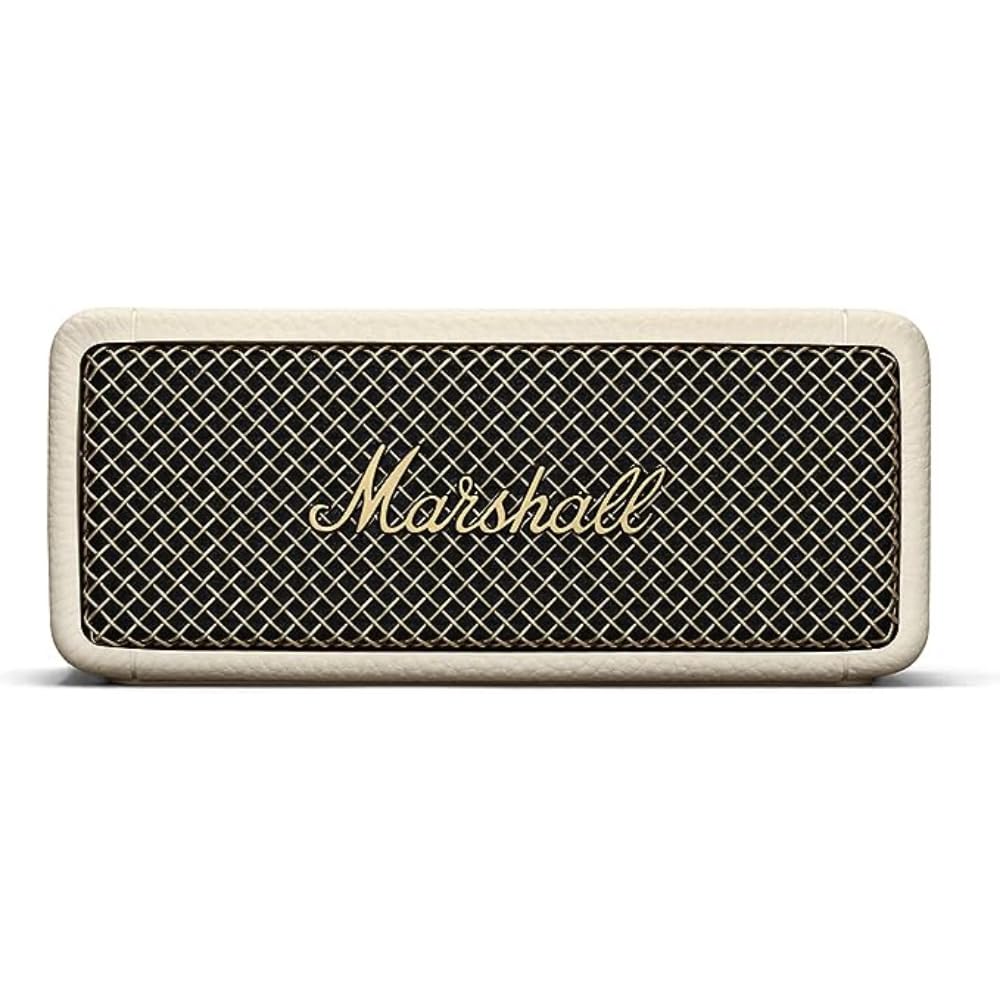 Marshall Emberton II Cream front view, ideal for outdoor listening with long battery life.