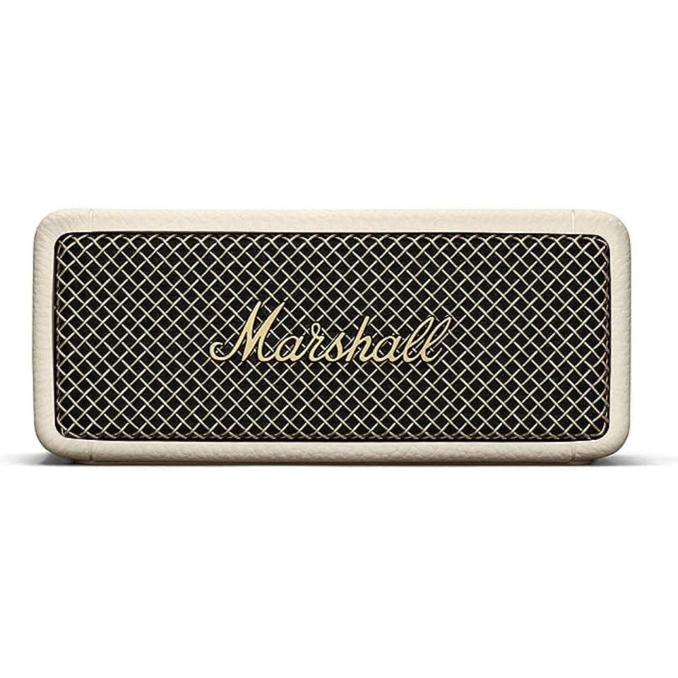 Marshall Emberton II Cream front view, ideal for outdoor listening with long battery life.