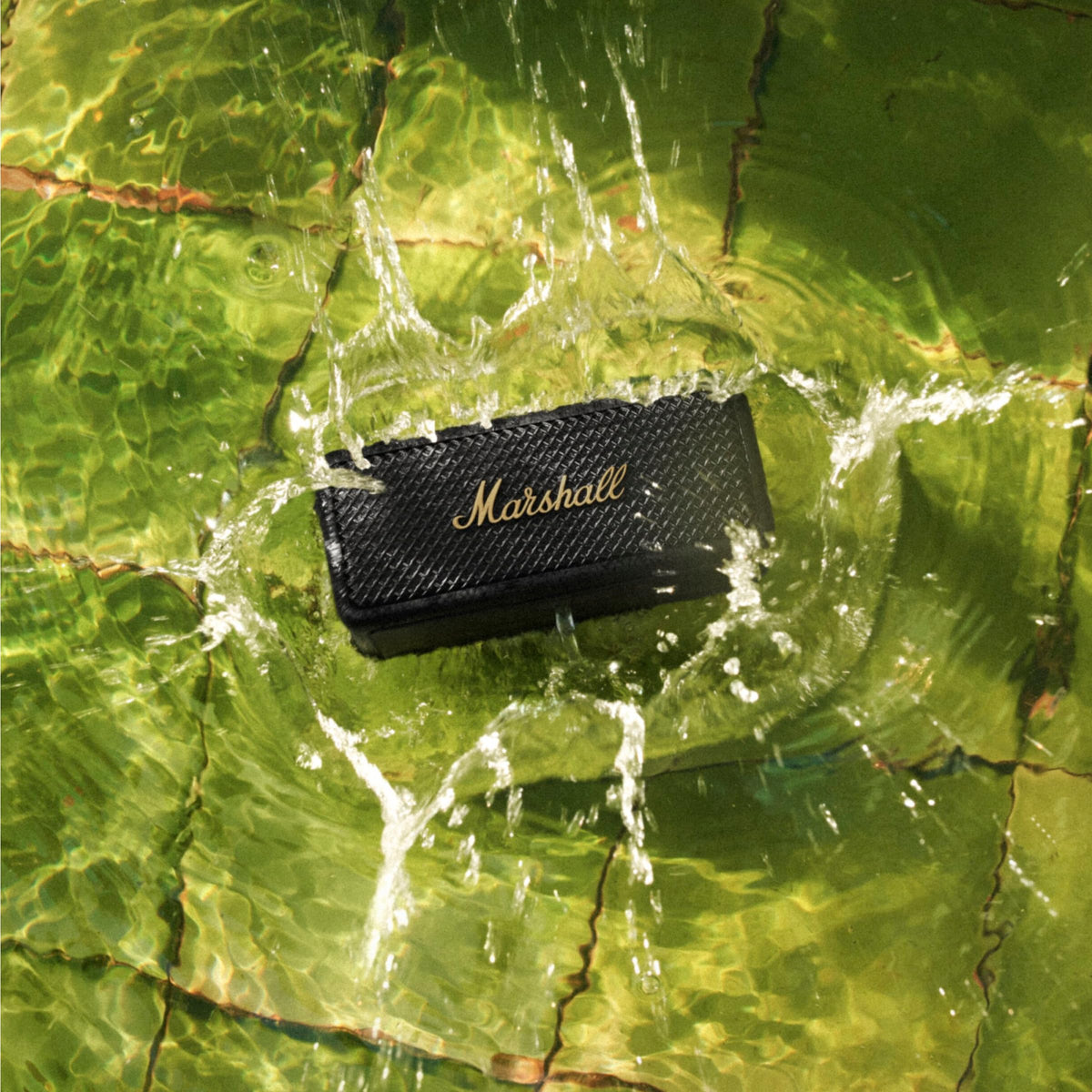 Marshall Emberton II side view highlights durable build for adventure-ready listening.
