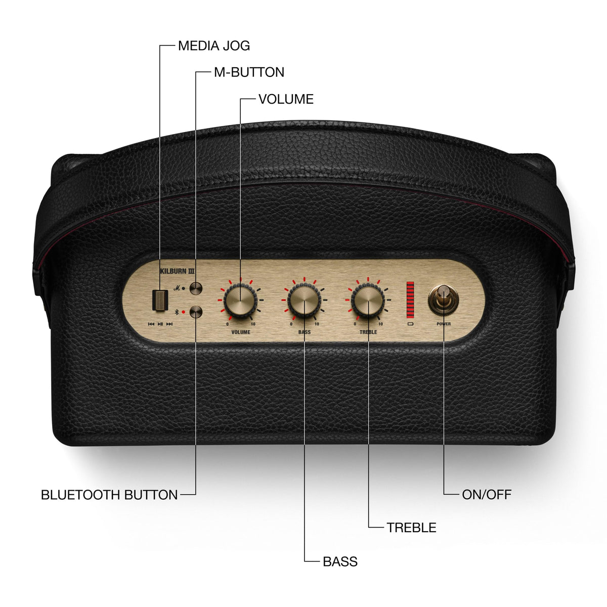 Marshall Kilburn III top controls emphasize tactile knobs for quick volume adjustments.