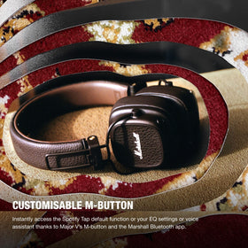 Marshall Major V brown earcups textured finish improve grip and comfort.