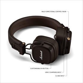 Marshall Major V brown headband with adjustable fit for secure long wear.