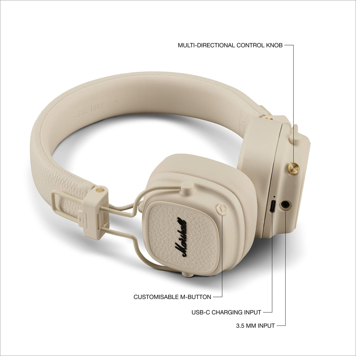 Marshall Major V cream ear cup closeup highlights comfortable cushions and premium finish.