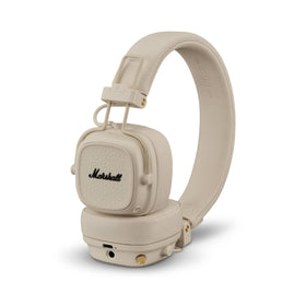 Marshall Major V cream front view highlights iconic design and robust build for travel.