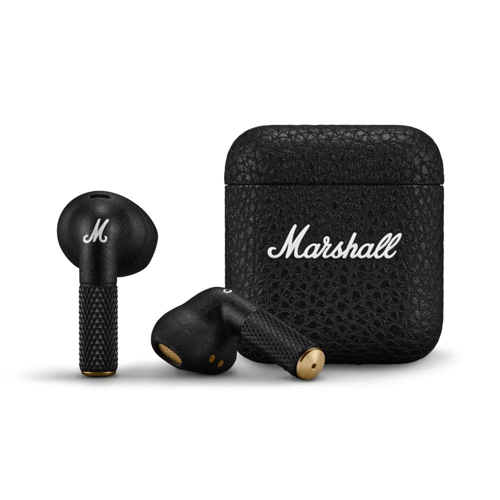 Marshall Minor IV charging case open, showing durable styling and full battery readiness for long use.