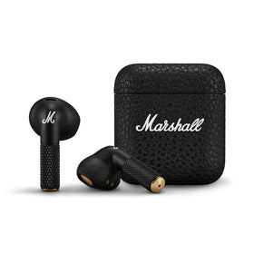 Marshall Minor IV charging case open, showing durable styling and full battery readiness for long use.