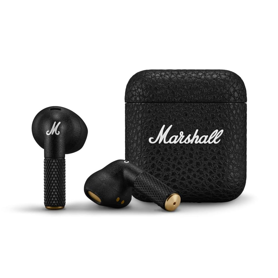 Marshall Minor IV charging case open, showing durable styling and full battery readiness for long use.