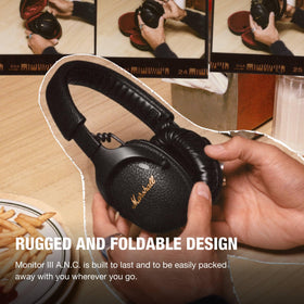 Marshall Monitor III A.N.C. headphones worn on the side for extended comfort.