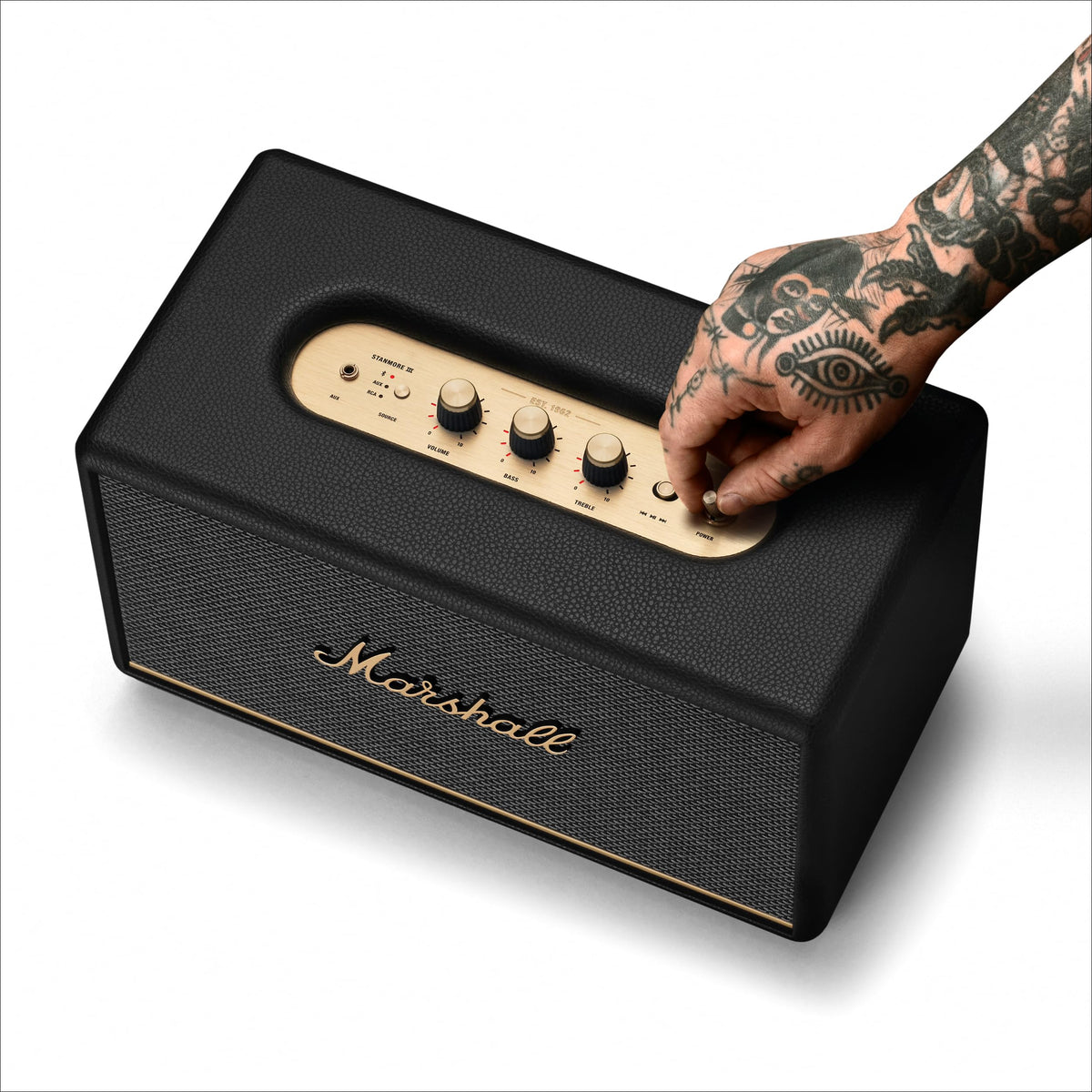 Marshall Stanmore III bass-treble dials convey adjustable tonal balance.
