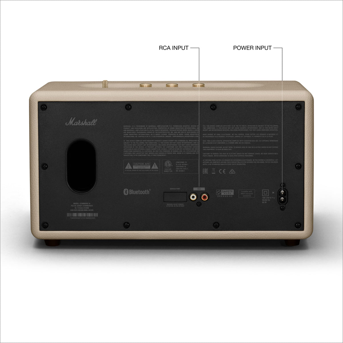 Marshall Stanmore III tweeter closeup highlights crisp highs and balanced sound.