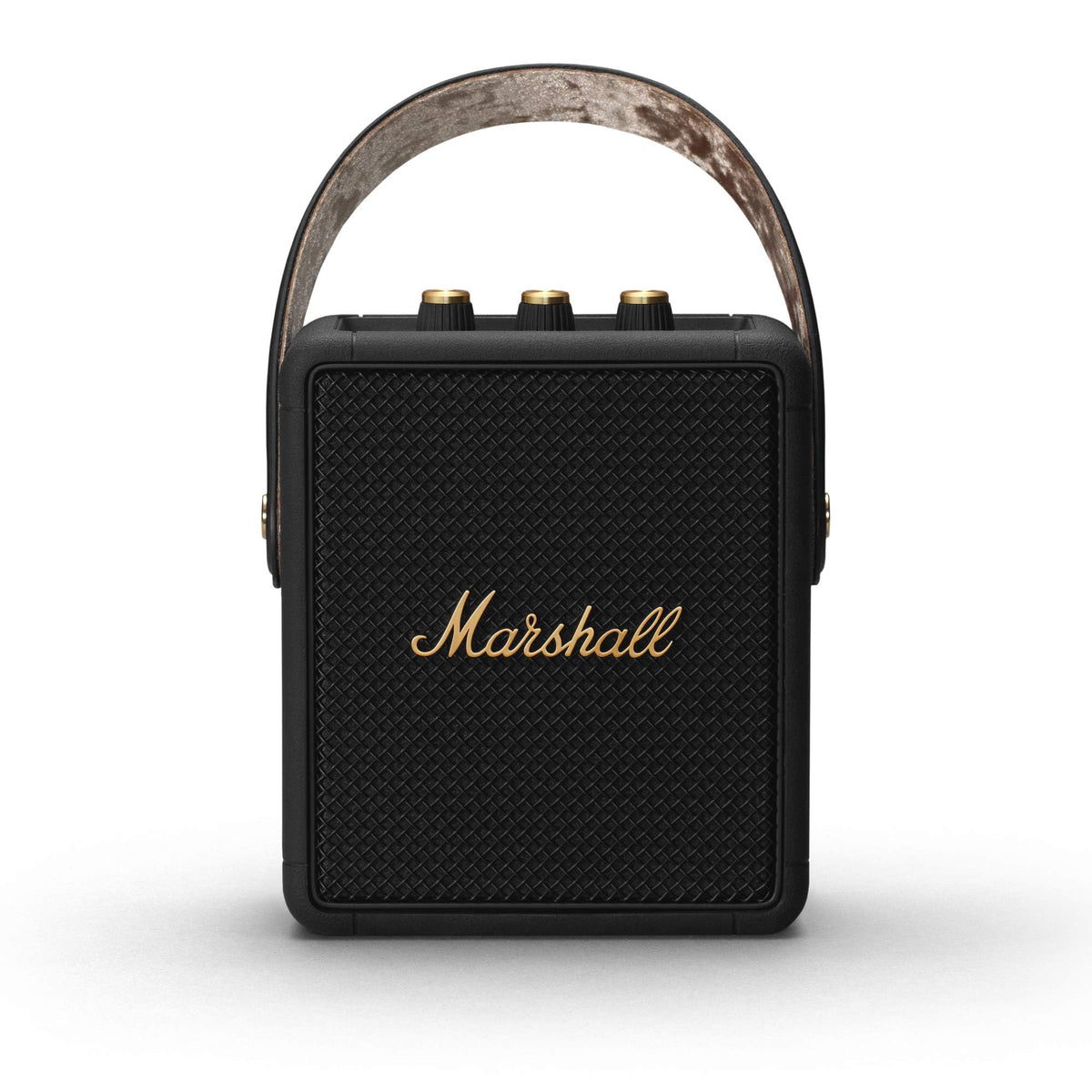 Marshall Stockwell II front view shows rugged black-brass finish for outdoor listening.
