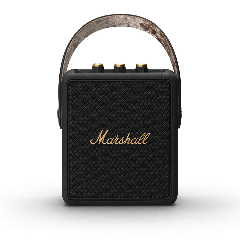 Marshall Stockwell II front view shows rugged black-brass finish for outdoor listening.
