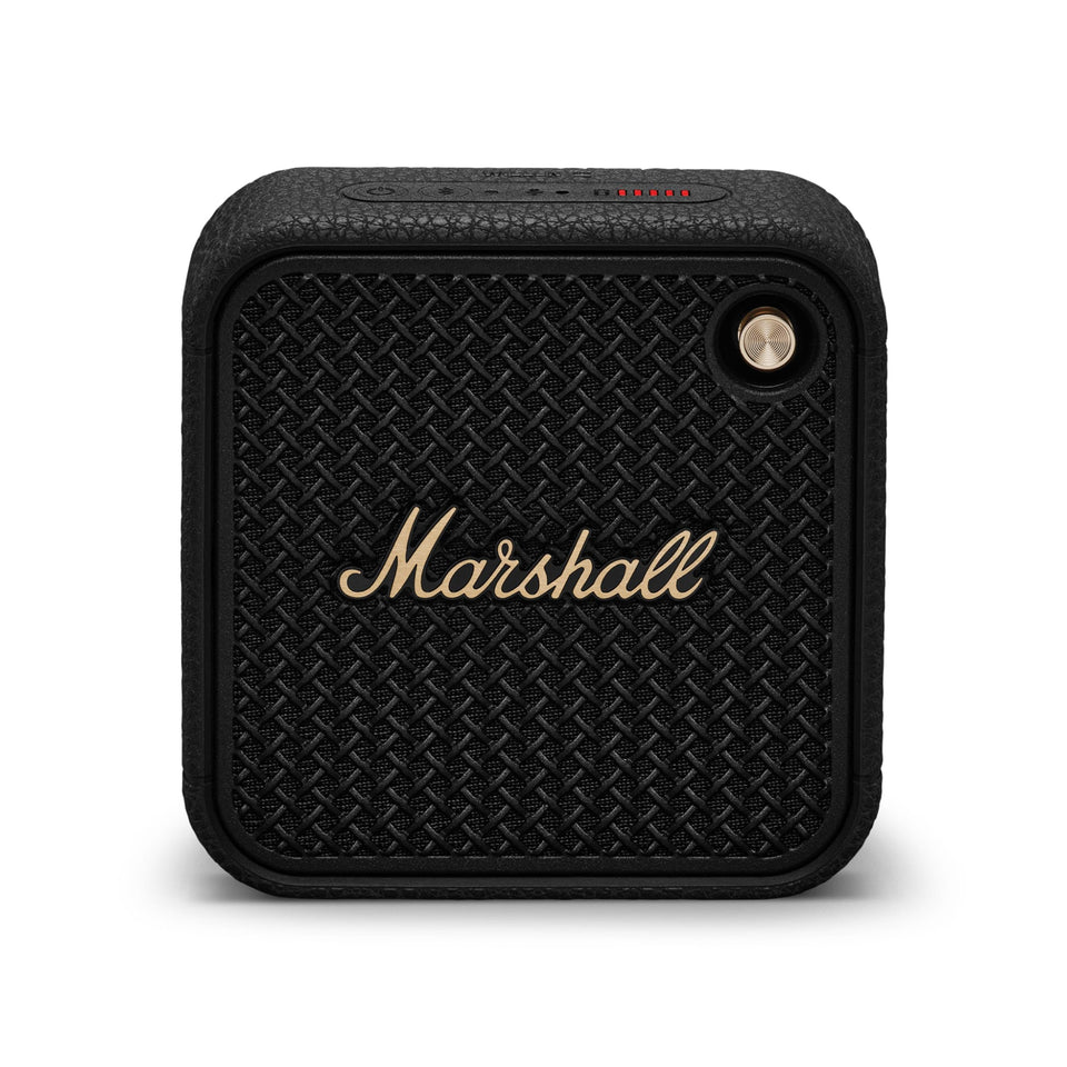 Marshall Willen II rugged speaker with black-brass finish ready for outdoor travel