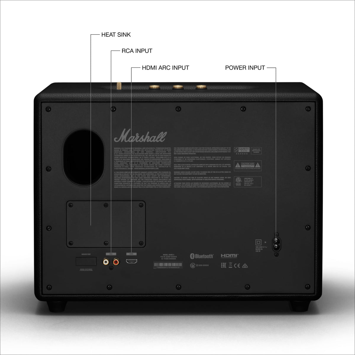 Marshall Woburn III connection panel with HDMI and analog inputs for versatile setup.