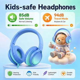 MartiAudio Kids headphones with microphone inline control for online classes.