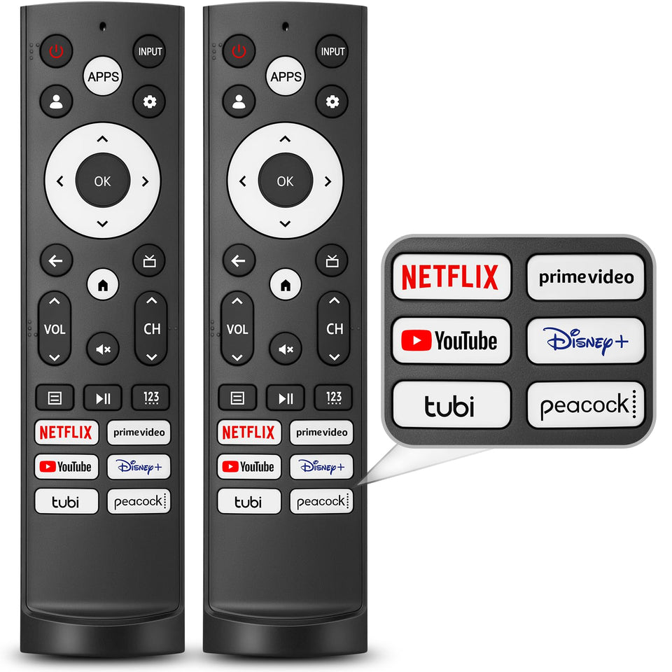 Marvour two-pack Hisense remote front view showing quick setup capability