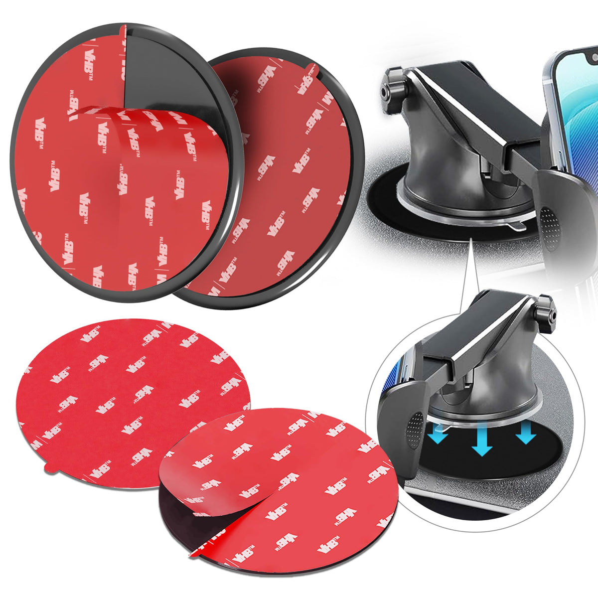 MASIGO adhesive dashboard disk provides a flat base for secure mounting on curved dashboards.