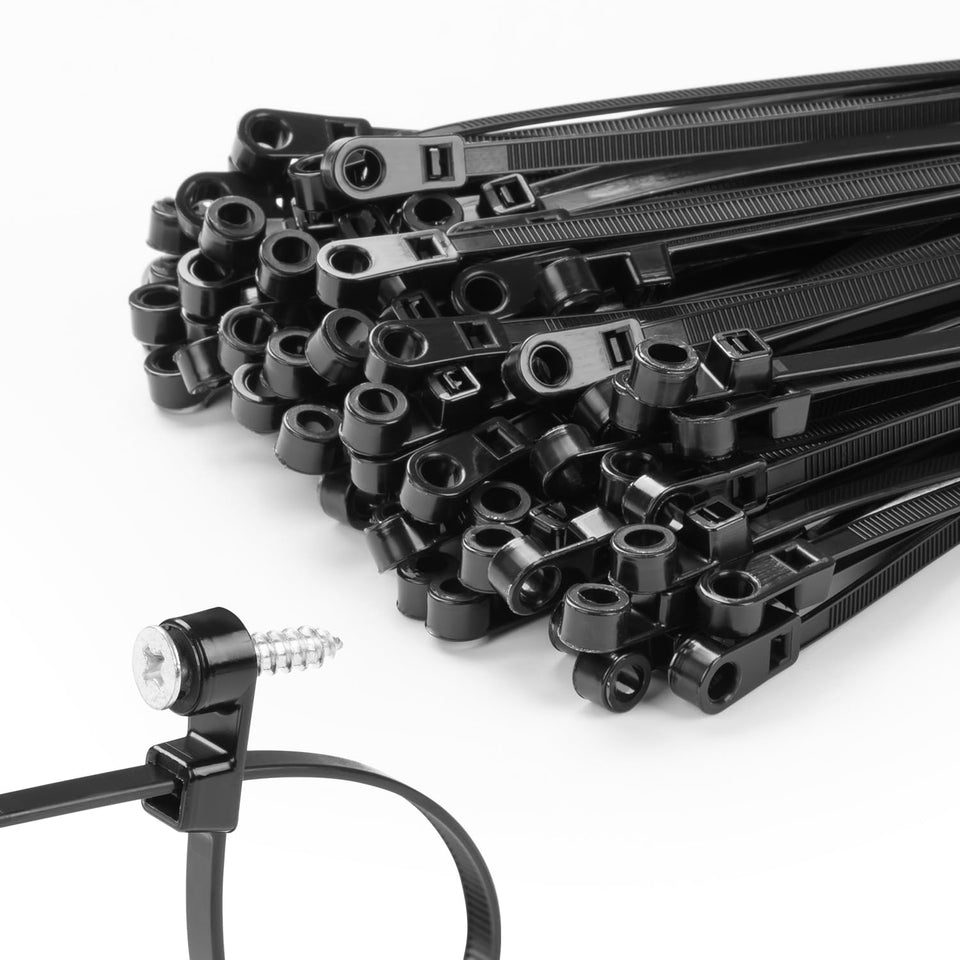 MasiStranth 8-inch black zip tie with screw hole eyelet for secure cable organization.