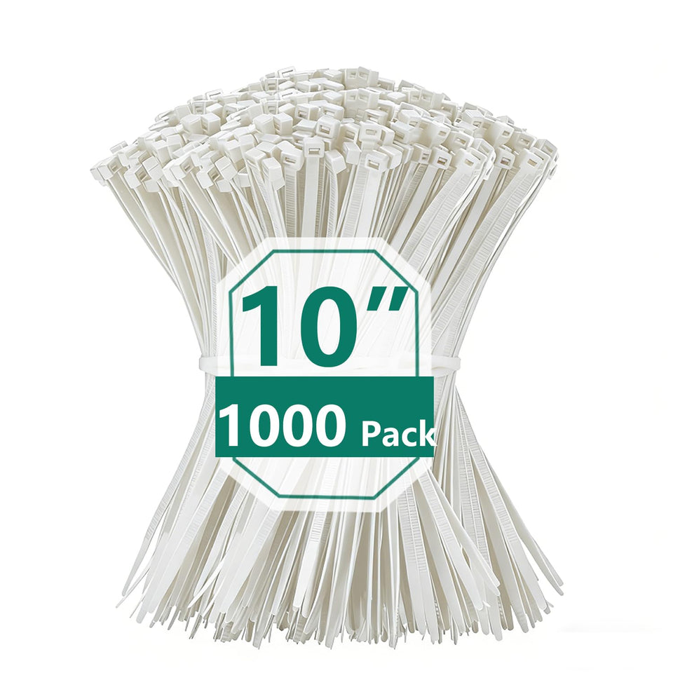 MasiStranth front pack of 1000 white zip ties showing quantity and length