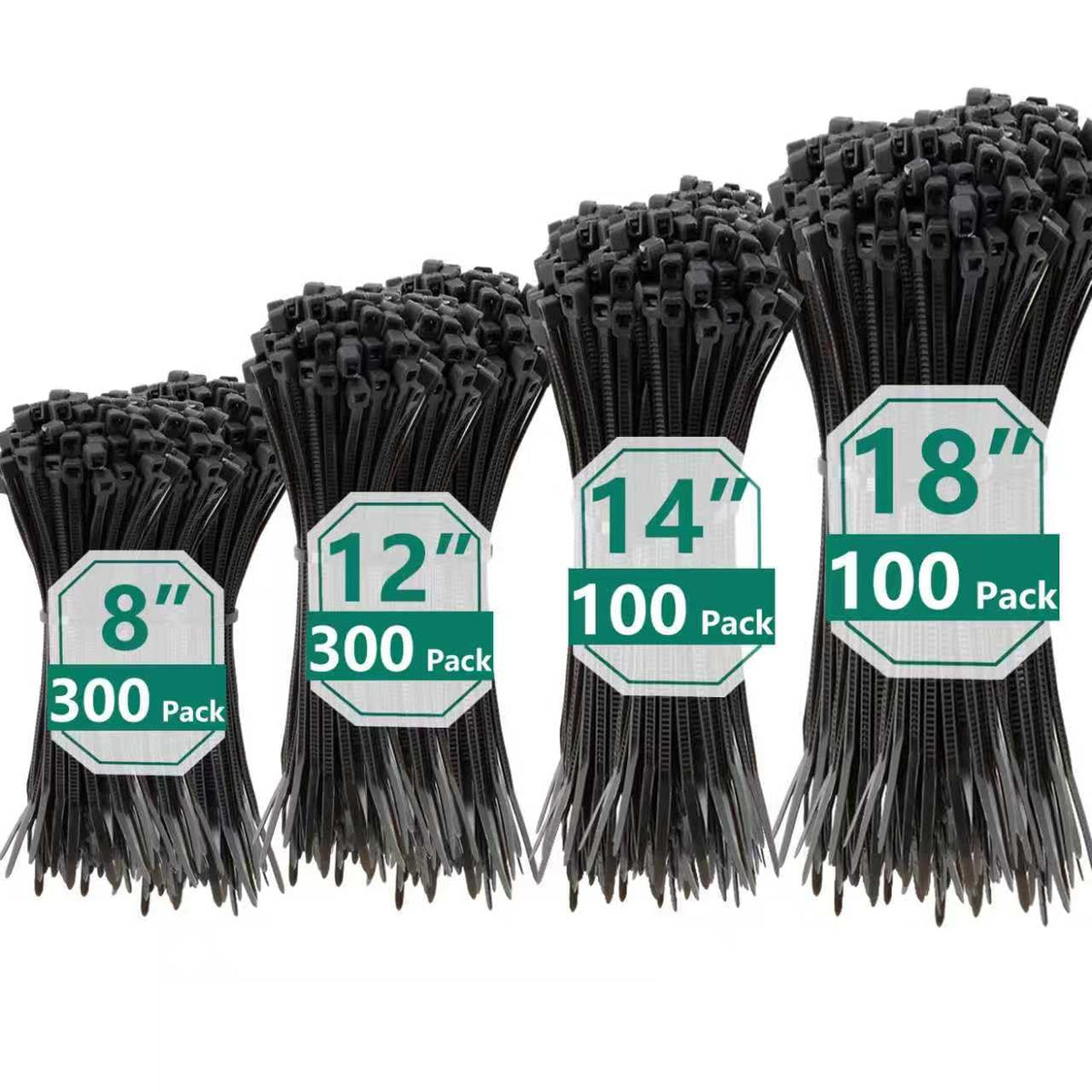 MasiStranth front packaging showing 800 black zip ties and assorted sizes, durable supply