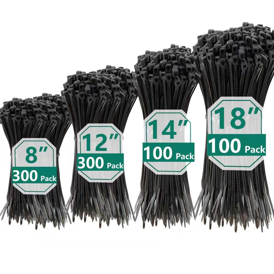 MasiStranth front packaging showing 800 black zip ties and assorted sizes, durable supply