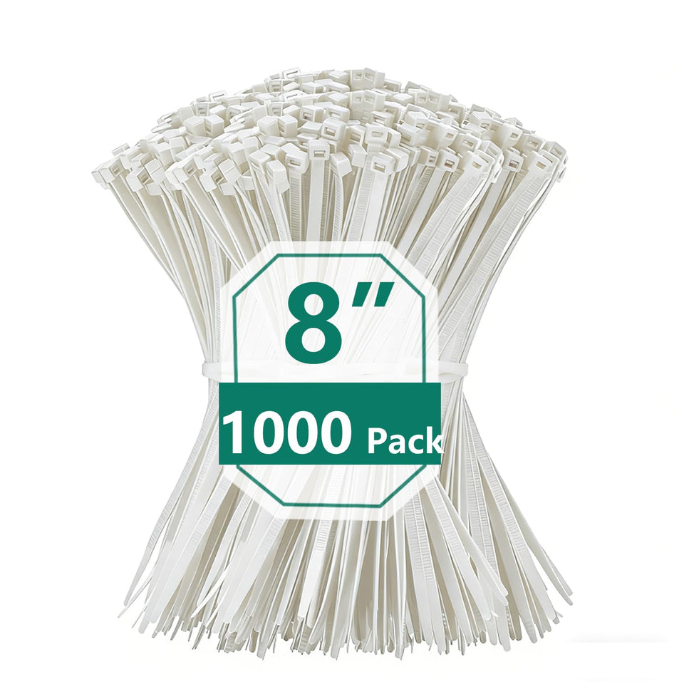MasiStranth white zip ties 8in 75lbs pack for indoor and outdoor use.
