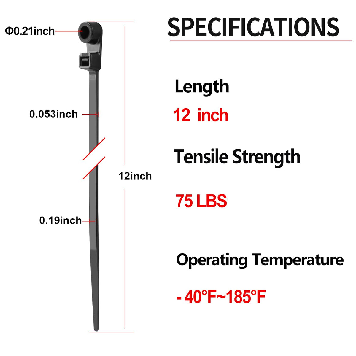 MasiStranth 12-inch black zip tie with weatherproof nylon design.