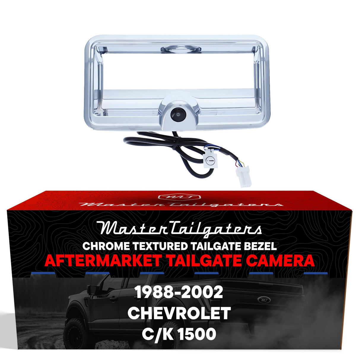 Master Tailgaters chrome tailgate bezel with backup camera close-up for easier parking.
