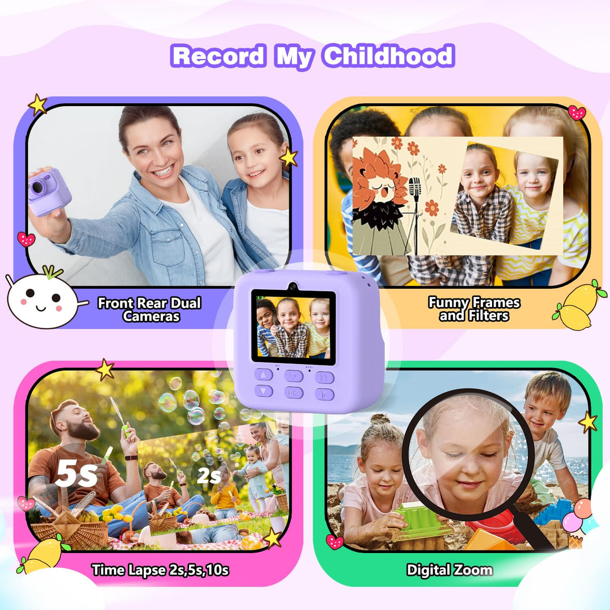 masterbee dual-lens front shot for selfies and rear shots to boost kids creativity