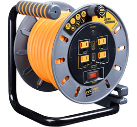 Masterplug 50ft cord reel in action with retractable extension for flexible workspace