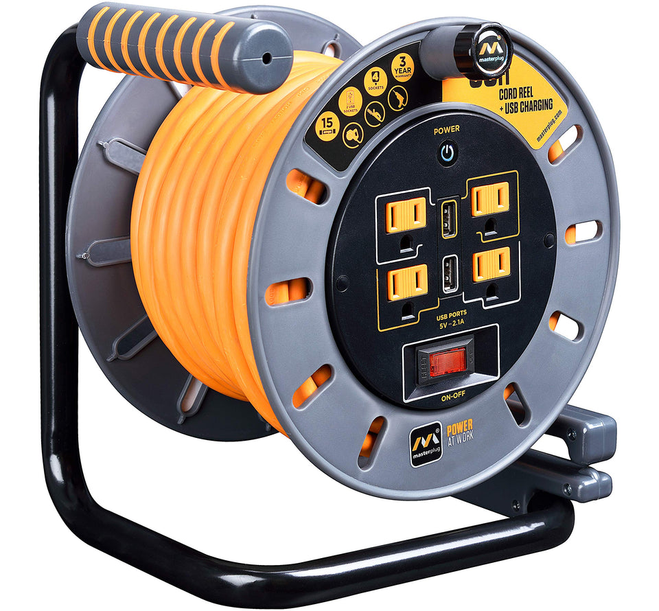 Masterplug 50ft cord reel in action with retractable extension for flexible workspace
