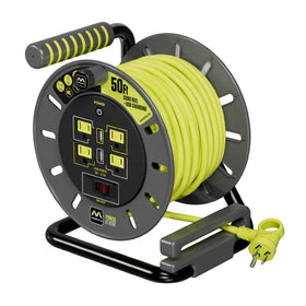 Masterplug 50ft cord reel with wind handle for easy outdoor or workshop power.