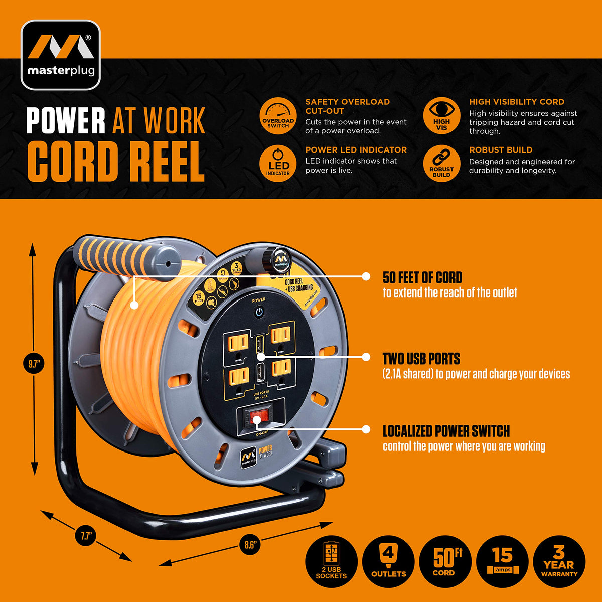 Masterplug cord reel winding handle enables quick, tangle-free setup