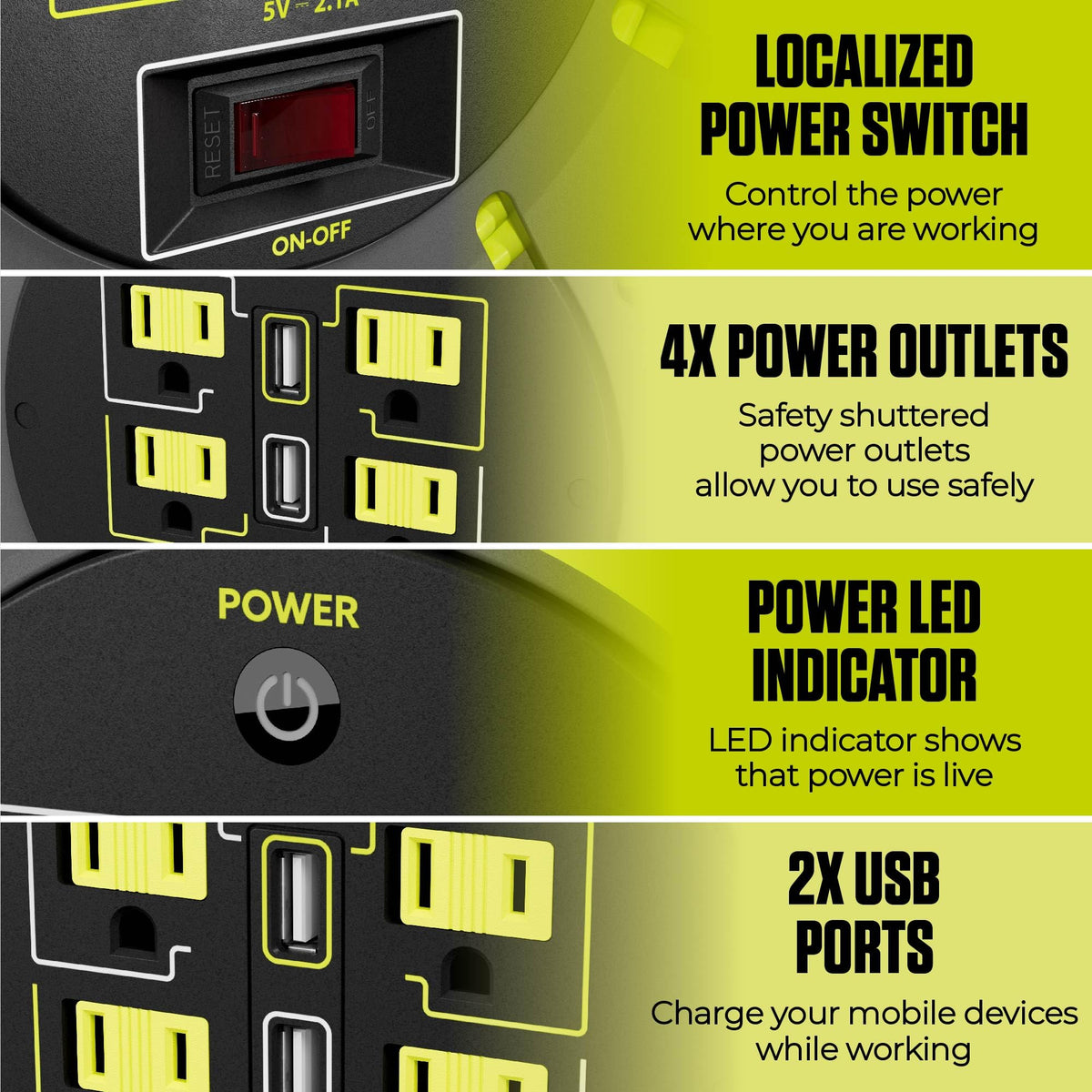 Masterplug cord reel with four shuttered outlets for versatile tool use.