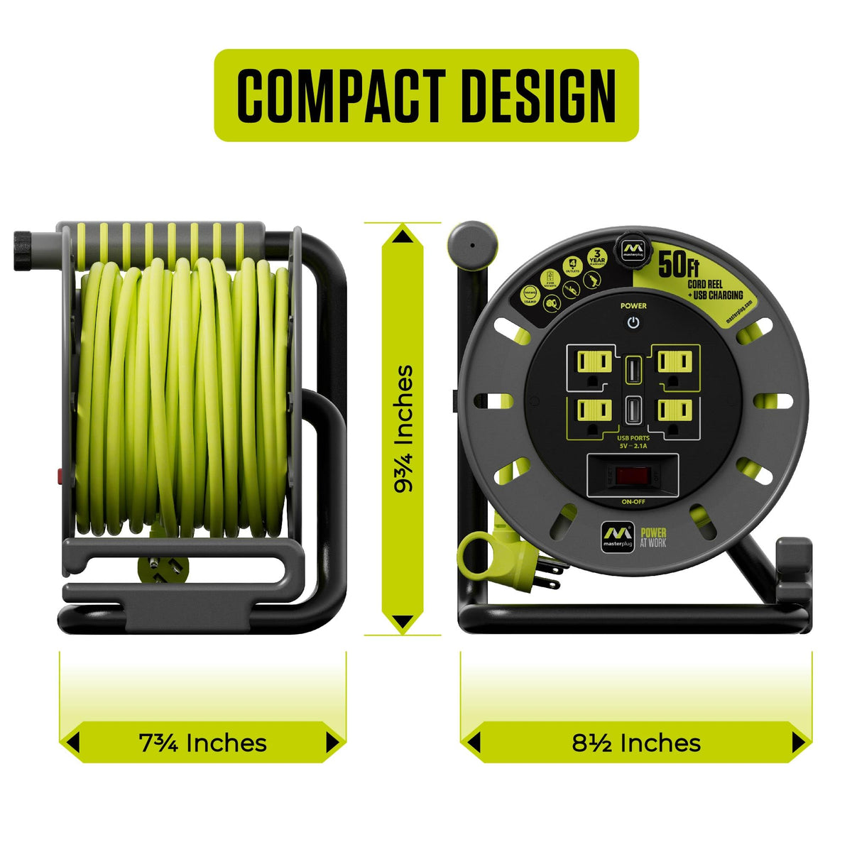 Masterplug portable 50ft reel ready for DIY, jobsites, or home use.