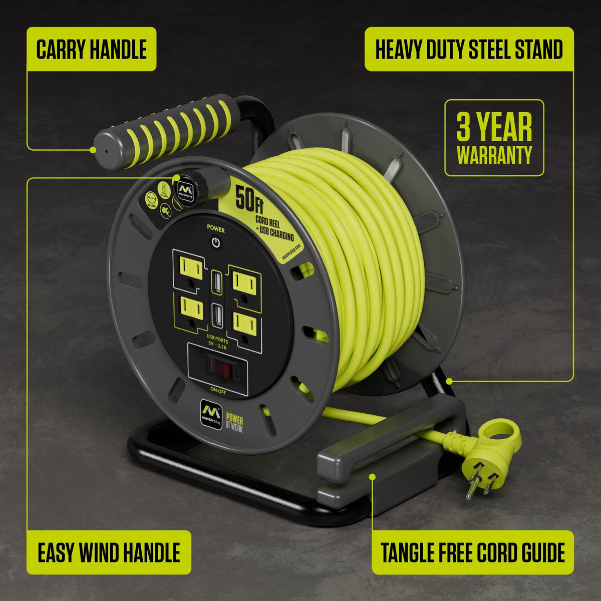 Masterplug reel showing USB ports for charging devices beside power outlets.