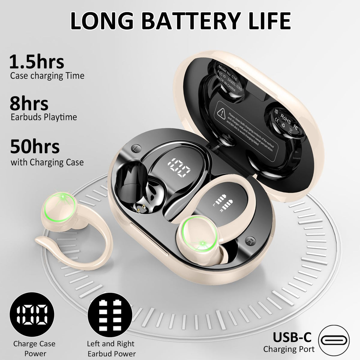 Matast earbuds with curved earhooks ensuring a secure sports fit.