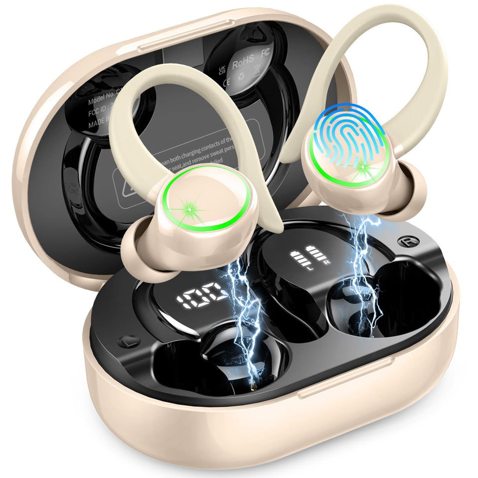 Matast Wireless Earbuds in charging case front view with battery status indicator.