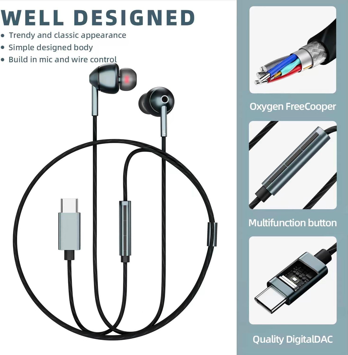 MAXAUX USB-C Earbuds universal compatibility across Samsung, iPhone, and Pixel devices.