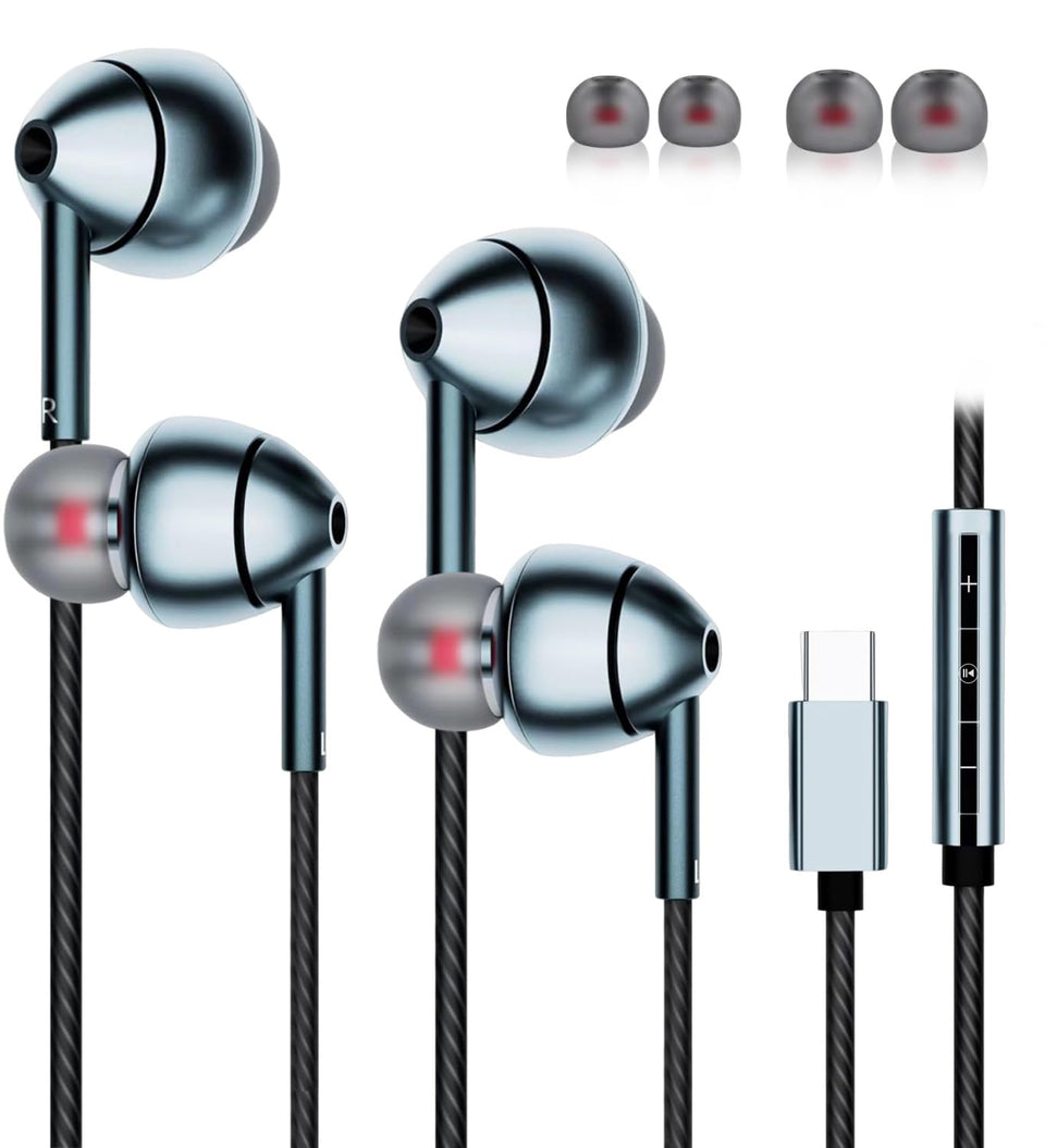 MAXAUX USB-C Earbuds with microphone for clear hands-free calls on USB-C devices.