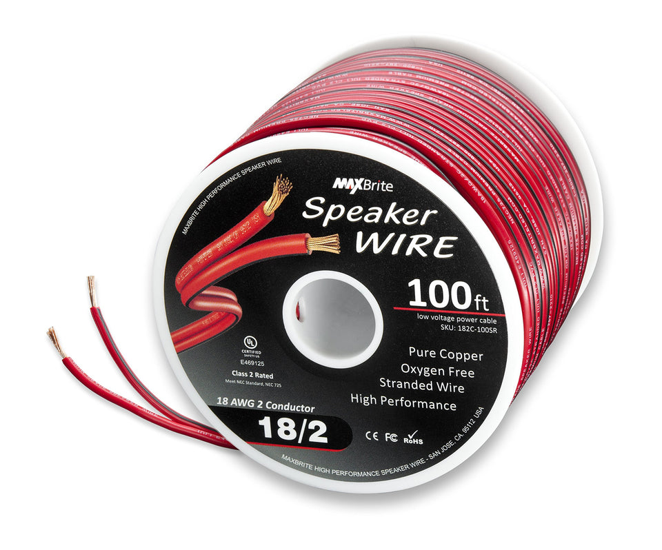 MaxBrite 100 ft spool of 18 AWG speaker wire provides clean audio paths for home systems.