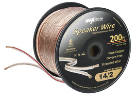 MaxBrite 200ft spool 14awg speaker wire ready for seamless home audio installation.