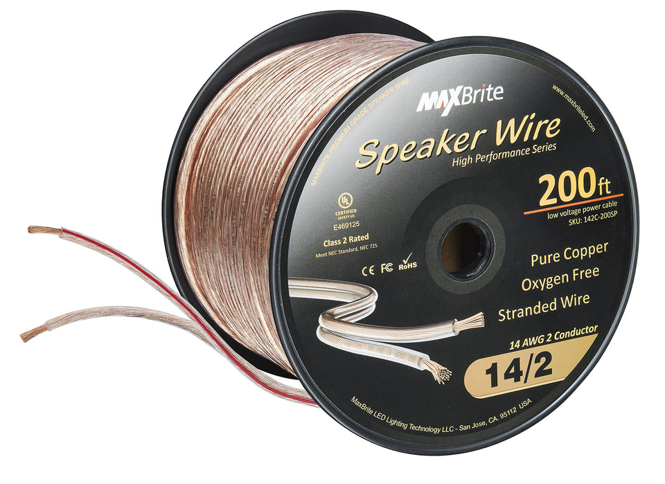 MaxBrite 200ft spool 14awg speaker wire ready for seamless home audio installation.