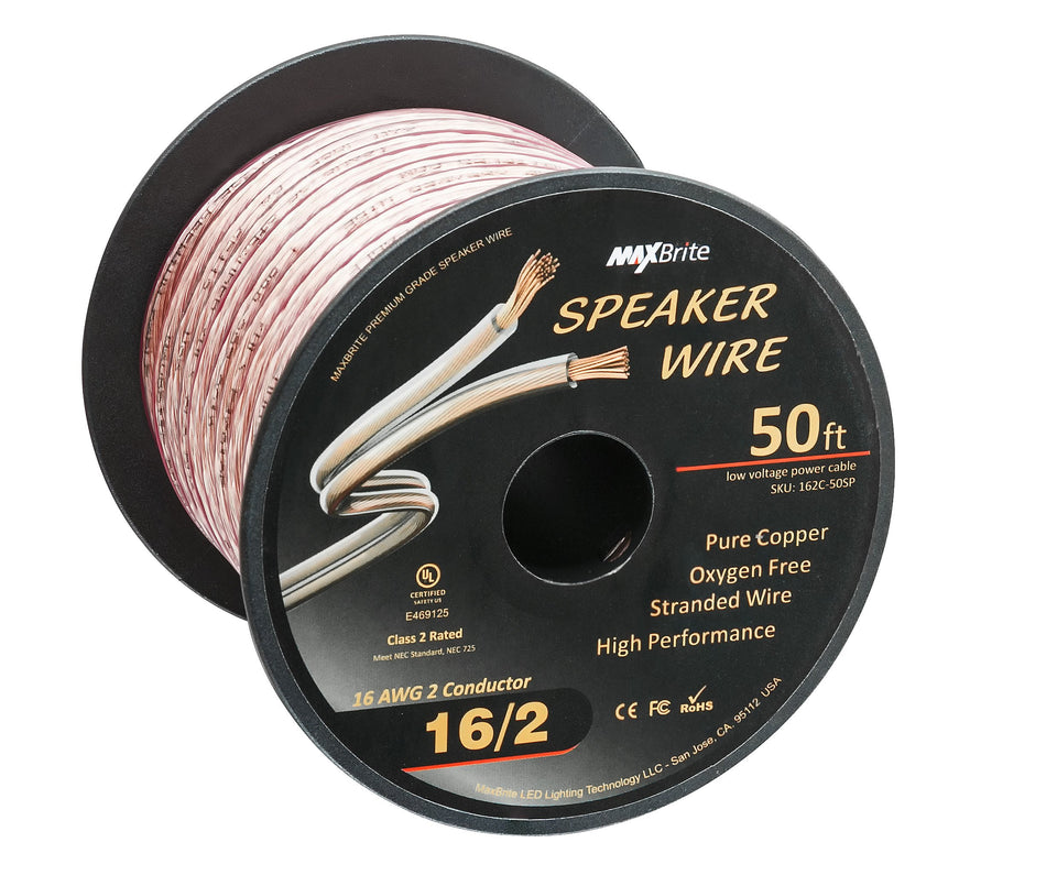MaxBrite 50ft spool of 16 AWG speaker wire for clean audio connections.