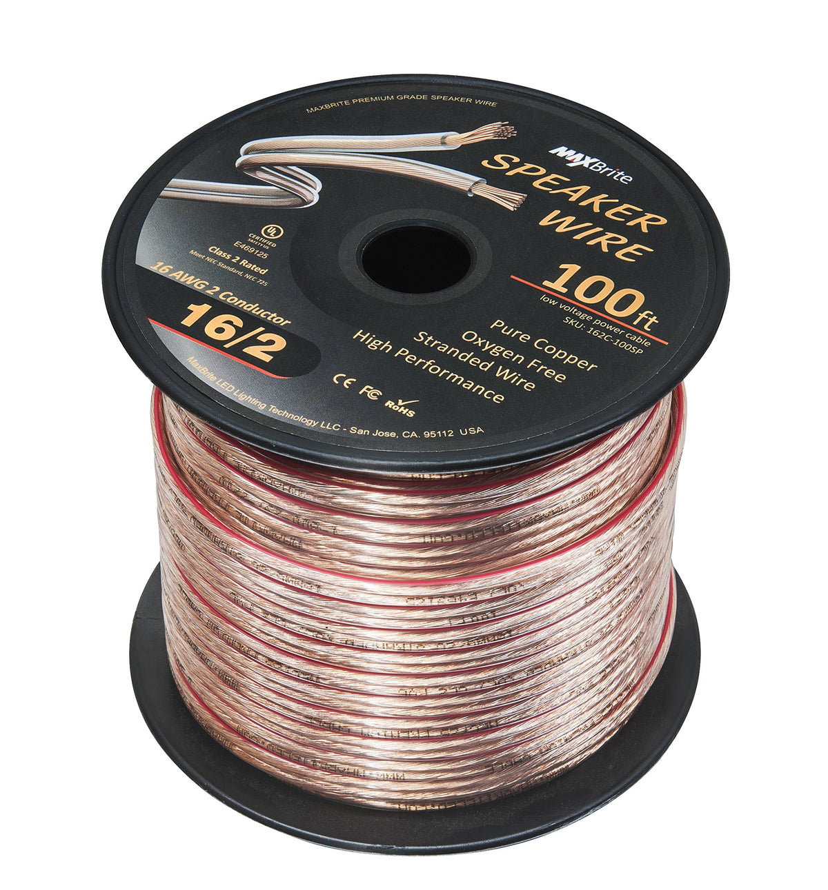 MaxBrite close-up of 16 AWG oxygen-free copper strands showing flexible construction benefit