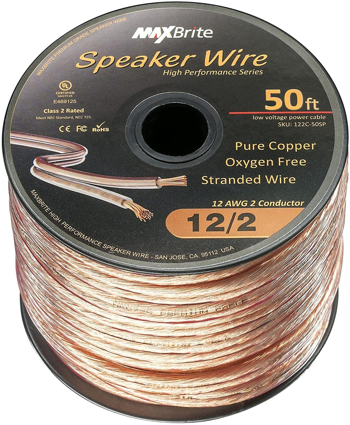 MaxBrite 50 ft spool front view showing neat winding and label, benefits neat installation