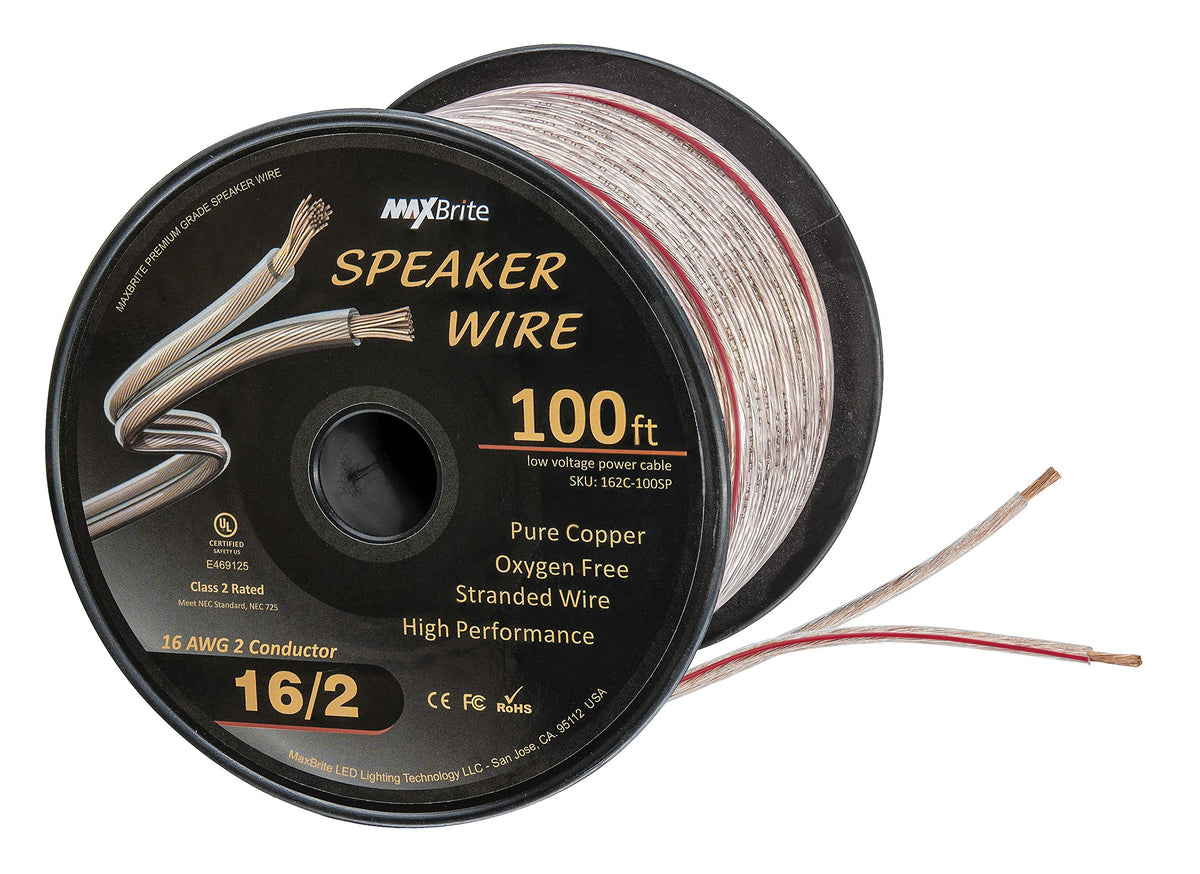 MaxBrite front view of 100 ft spool showing clear jacket and red stripe for easy polarity